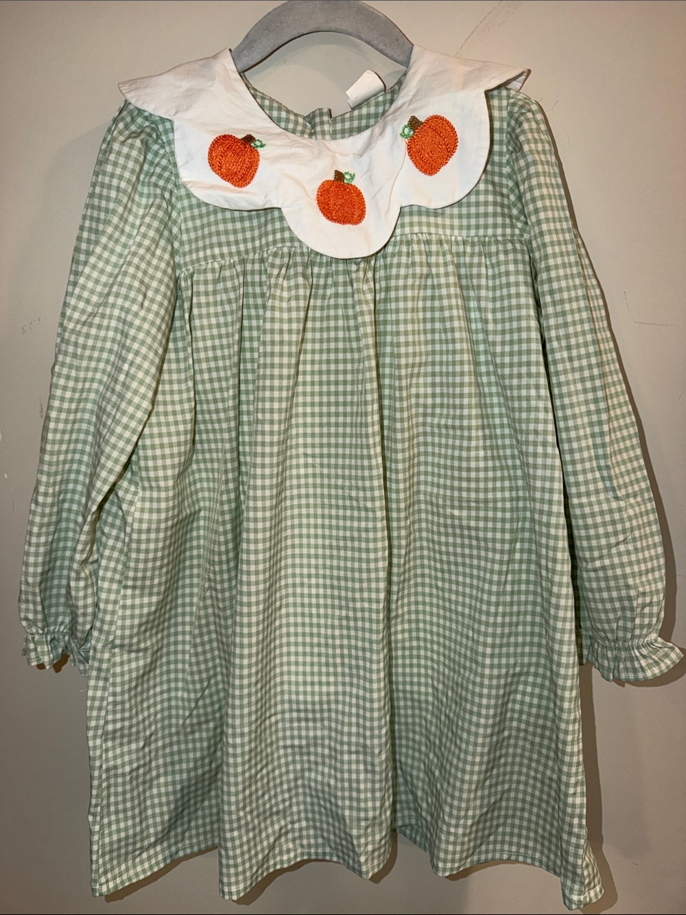 Green Gingham Kids Dress with Pumpkin Collar